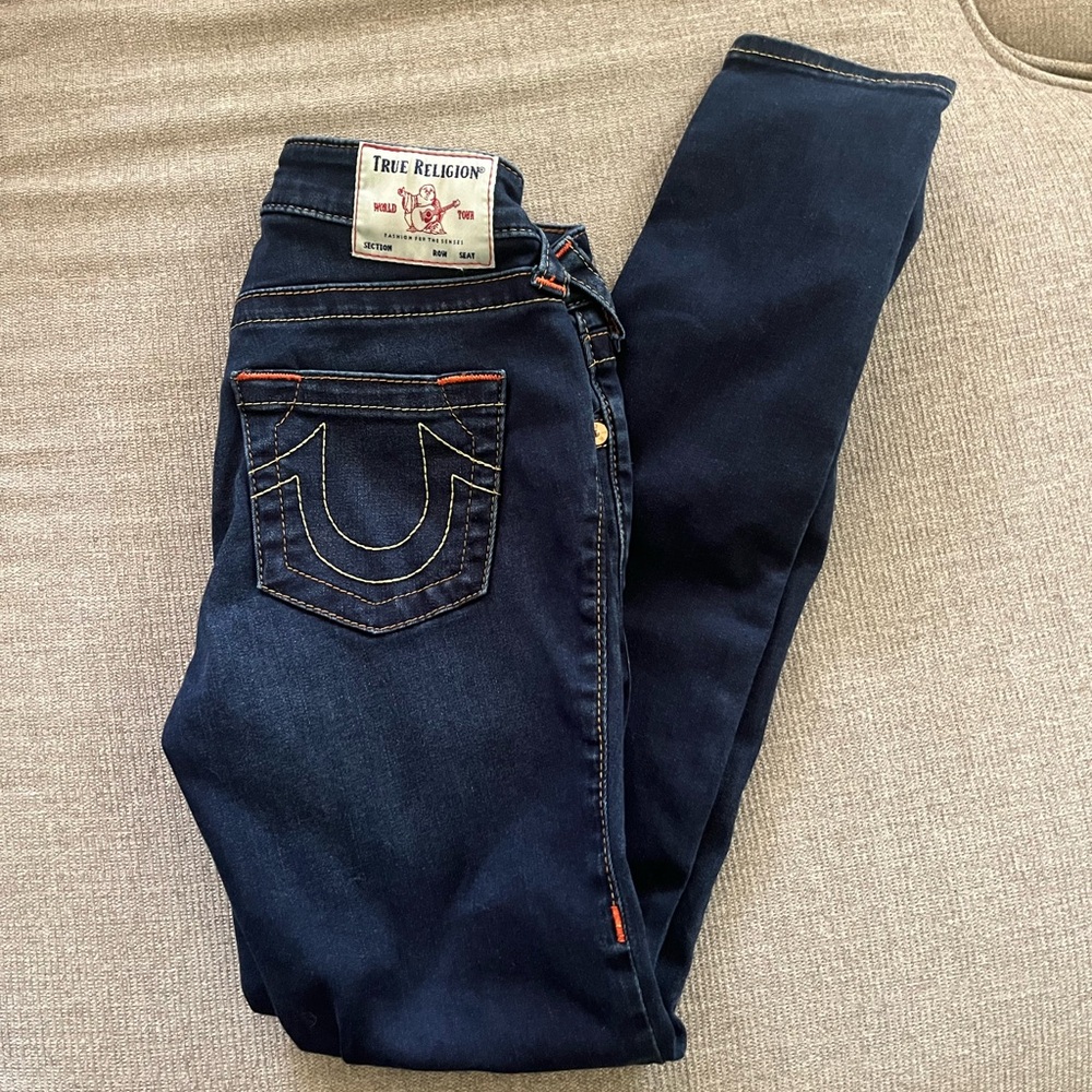 True Religion Blue Skinny Jeans with Signature Stitching size 25